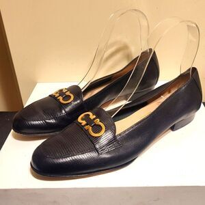 Salvatore Ferragamo Black Lizard Leather w/Gold Gancini Loafers Sz.8B $895